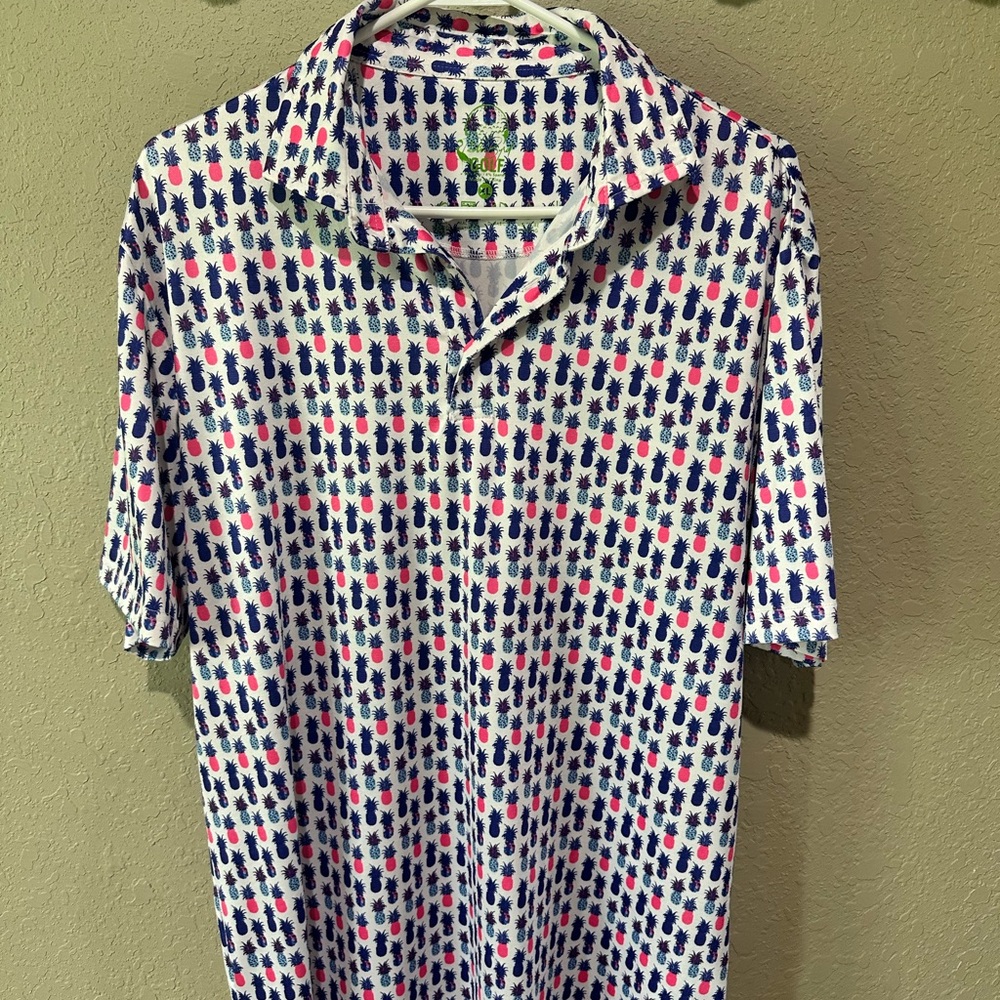 Original Penguin White Polo with Navy and Pink Pineapple Print
